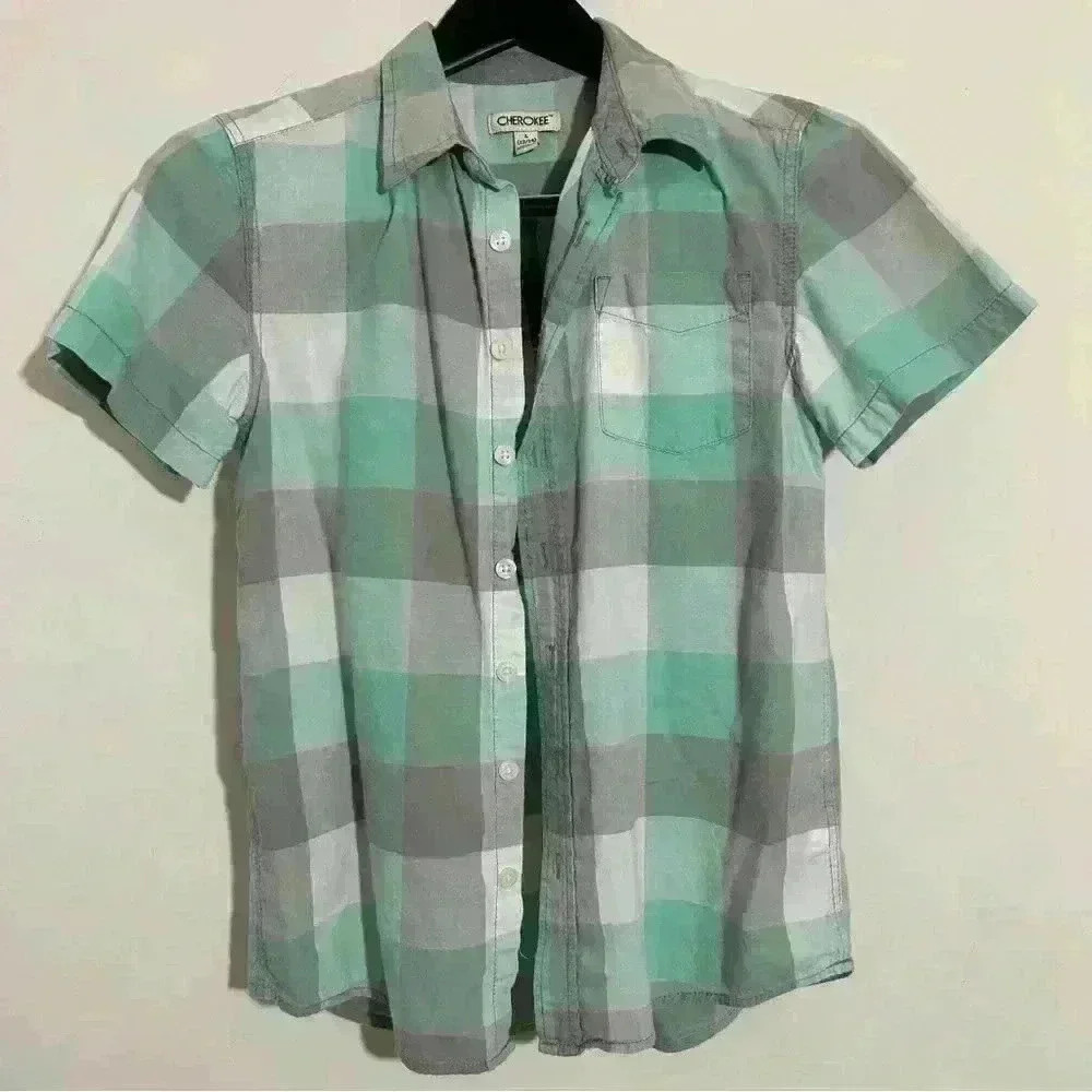 Cherokee Green/Gray Plaid Button UpShirt Size L (12/14)
